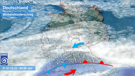 Wolken- und Niederschlagsprognose für Freitag (0 Uhr) (Quelle DWD - Deutscher Wetterdienst)
