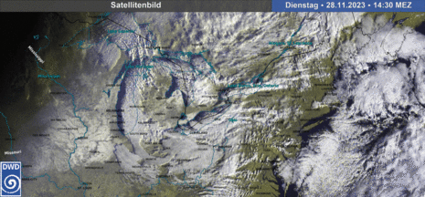 Satellitenbild mit Lake Effect Snow im Bereich der Großen Seen am Dienstag (28.11.2023) (Quelle Deutscher Wetterdienst)