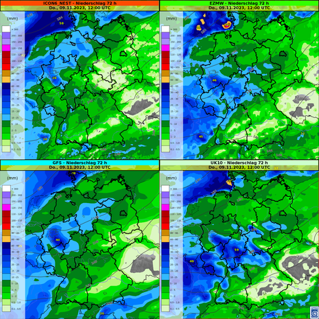 72-stündige Niederschlagsmengen für verschiedene Modelle von Montagmittag, den 06.11.2023, 12 UTC bis Donnerstagmittag, den 09.11.2023, 12 UTC
