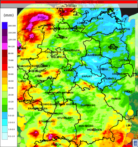 Aus Radardaten abgeleitete Niederschlagssumme in l/qm im bisherigen November (Quelle DWD)