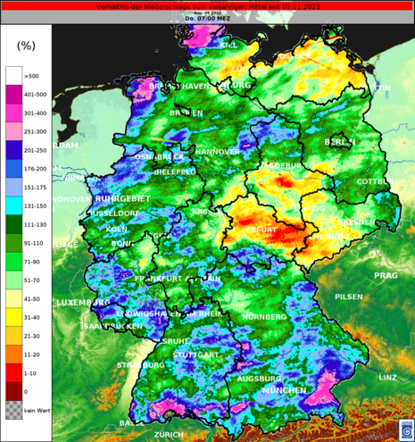 Verhältnis der Niederschläge im bisherigen November zum vieljährigen Mittel (Quelle DWD)