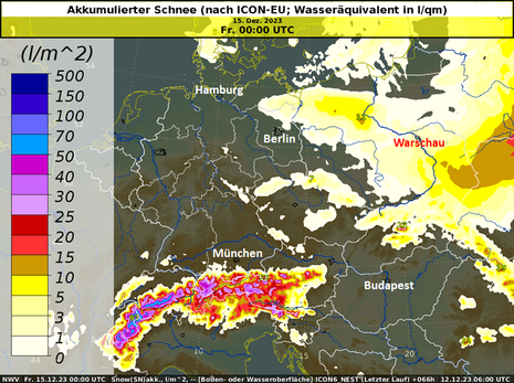 Prognostizierte Neuschneemengen bis Freitag 00 UTC (ICON-EU-Lauf vom heutigen Dienstag um 00 UTC)