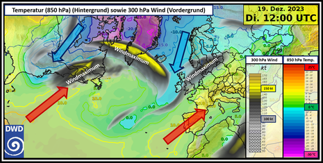 Übersicht Temperatur- und Windverteilung. (Quelle DWD)