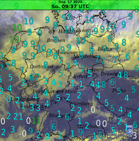 Deutschlandkarte mit Satellitenbild und Lufttemperatur (Zahlen) von Sonntag, 17.12.2023 10:37 Uhr (Quelle DWD)