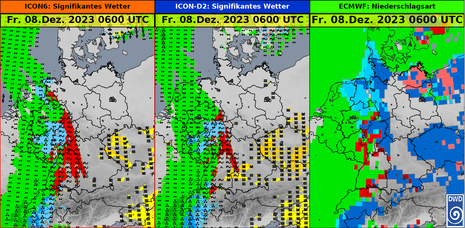 Am heutigen Donnerstag von verschiedenen Modellen prognostiziertes signifikantes Wetter (grün: Regen, rot: gefrierender Regen, blau: Schnee, gelb: Nebel) für Freitag, den 08.12.2023 06 UTC
