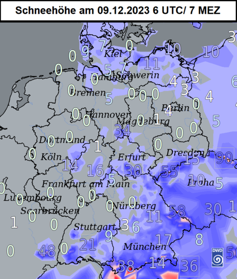 Gesamtschneehöhe in Deutschland, gemessen am 09.12.2023 7 MEZ (Quelle DWD)