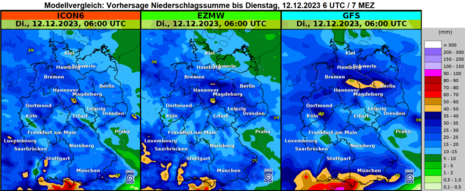 Modellvergleich akkumulierte Niederschlagvorhersage bis Dienstag, 12.12.2023: links ICON, mittig IFS, rechts GFS (Quelle DWD)