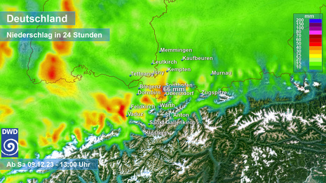 Vorhersage 24-stündiger Niederschlag im Süden Deutschlands/Alpenraum ab Samstag 13 Uhr (Quelle DWD)