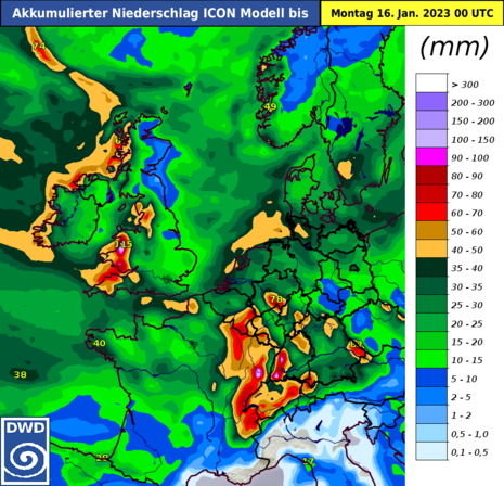 Akkumulierter Niederschlag vom ICON Modell in West- und Mitteleuropa bis zum Montag, den 16.01.23 0 UTC