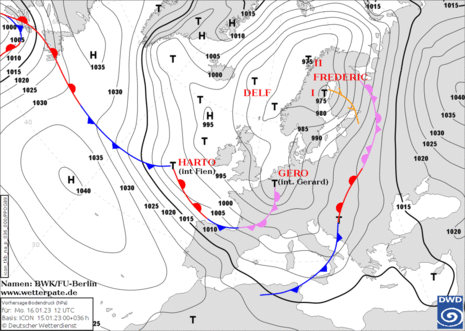 Vorhersagekarte des Bodendrucks mit Fronten für Montag, den 16.01.2023 12 UTC