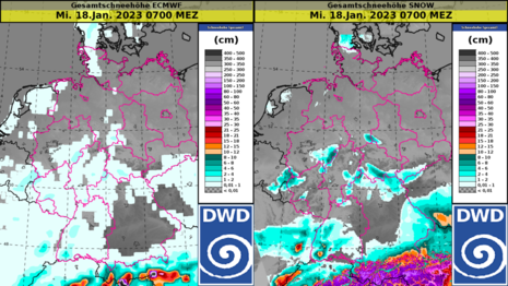 Simulierte Gesamtschneehöhe am Mittwoch, den 18.01.2023 06 UTC