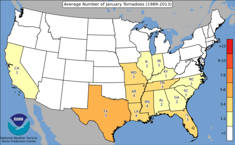 Mittlere Anzahl an Tornados im Januar pro Bundesstaat.
