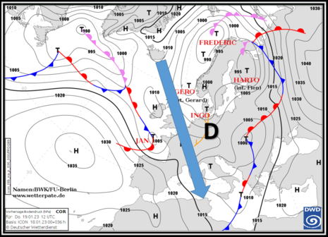 Wetterkarte Donnerstag den 19. Januar 2023 (Quelle Deutscher Wetterdienst)