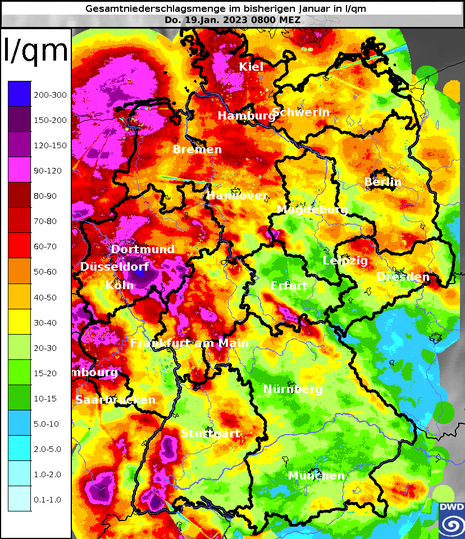 Niederschlagssumme in Liter pro Quadratmeter im bisherigen Januar