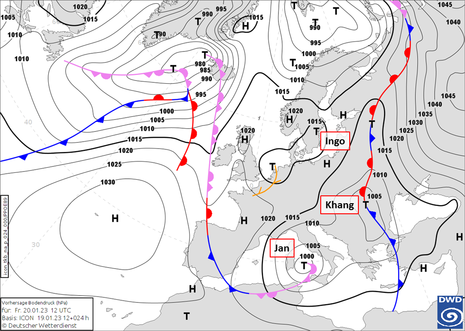 Vorhersagekarte für Samstag, den 21.01.2023 12 Uhr UTC für Europa und den Nordatlantik. (Quelle Deutscher Wetterdienst)