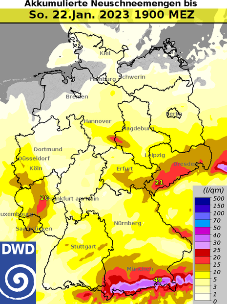 Akkumulierte Neuschneemengen in Deutschland bis Sonntagabend, den 22.01.2023 um 19 Uhr. (Quelle Deutscher Wetterdienst)