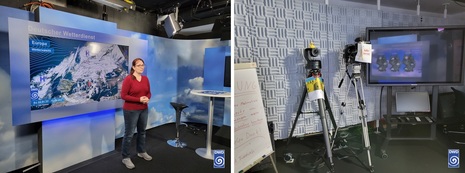 links: Meteorologin vor der Studiowand, rechts: Blick auf die Kamera (Quelle DWD)