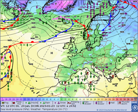 Karte Europa und Nordatlantik mit Isobaren und Fronten für Dienstag, 24.01.2023 12 UTC (13 MEZ)