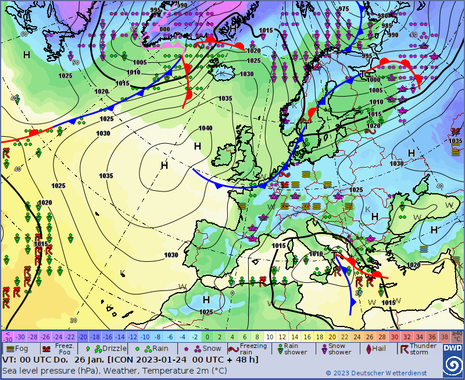 Karte Europa und Nordatlantik mit Isobaren und Fronten für Donnerstag, 26.01.2023 0 UTC (1 MEZ)