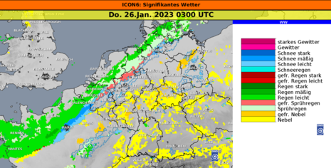 Deutschlandkarte mit Vorhersage des signifikanten Wetters aus dem ICON-6 Modell für Donnerstag, 26.01.2023 3 UTC (4 MEZ)