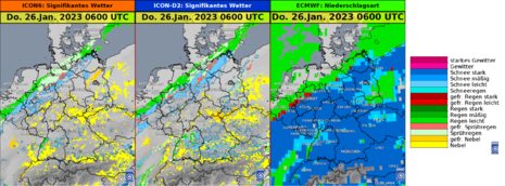 Deutschlandkarte mit Vorhersage des signifikanten Wetters/der Niederschlagsart: links ICON-6, mittig ICON-D2, rechts ECMWF-Modell für Donnerstag, 26.01.2023 6 UTC (7 MEZ)