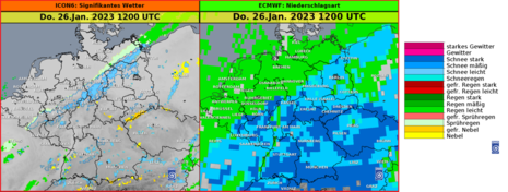 Deutschlandkarte mit Vorhersage des signifikanten Wetters aus ICON-6 (links), Vorhersage der Niederschlagsart vom ECMWF für Donnerstag, 26.01.2023 12 UTC (13 MEZ)
