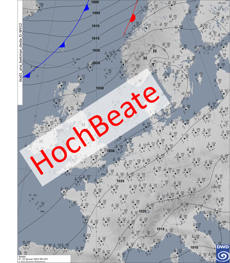 Analysekarte für Mittel- und Westeuropa am Freitag, den 27.01.2023 um 09 UTC