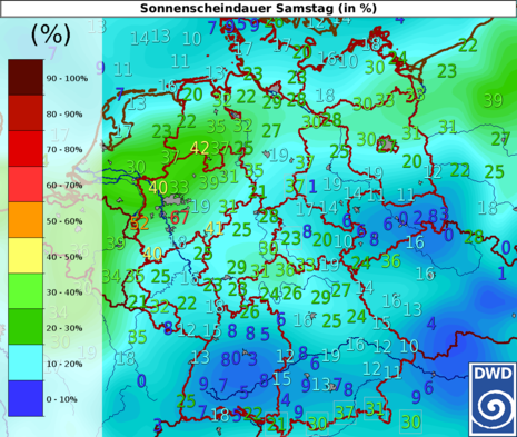 Sonnenscheindauer in Prozent am Samstag, den 28.01.2023