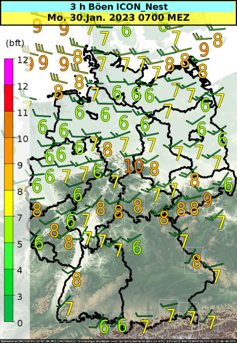 Windböen in Bft am Montagmorgen, den 29.01.2023