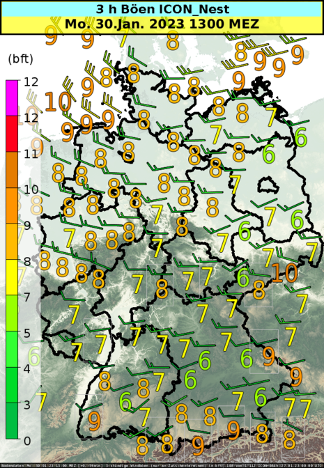 Windböen in Bft am Montagmittag, den 29.01.2023