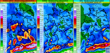 Akkumulierter Niederschlag bis Freitagmittag, den 03.02.2023 in Liter pro Quadratmeter