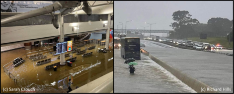 Die beiden Bilder zeigen die Auswirkungen der Extremniederschläge. Zu sehen ist der überflutete Flughafen von Auckland (links) und eine Hauptverkehrsstraße in Tamaki Makaurau (Auckland)(rechts).