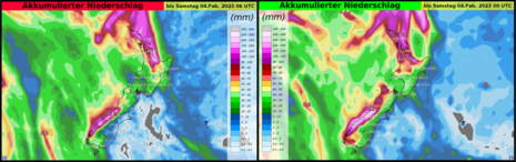 Die beiden Grafiken zeigen die Prognose des Niederschlages bis zum Samstag. Links dargestellt ist das deutsche ICON-Modell, rechts erkennt man die Prognose des europäischen ECMWF-Modells (Lauf jeweils 29.01.2023, 00 UTC).