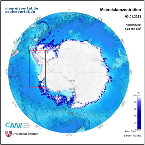 Ermittelte Meereiskonzentration in der Antarktis am 03.01.2023. (Quelle meereisportal.de (Alfred-Wegener-Institut in Kooperation mit der Universität Bremen))