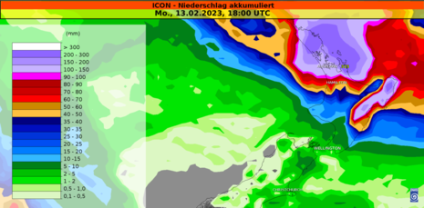 Akkumulierter Niederschlag aus dem ICON-Modell bis Montag, 13.02.2023 18 UTC (Quelle DWD)