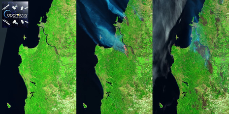 Satellitenbildsequenz der Waldbrände in Chile (Quelle Copernicus.eu)