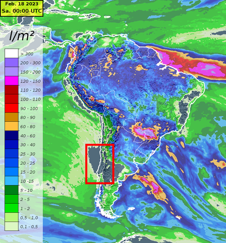Niederschlagsvorhersage für Südamerika (Quelle Deutscher Wetterdienst (DWD))