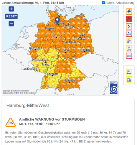 Deutschlandkarte mit DWD-Böenwarnungen sowie der Ansicht einer Warnung für Hamburg-Mitte/West für Mittwoch, 11:00 bis 18:00 Uhr. (Quelle DWD)