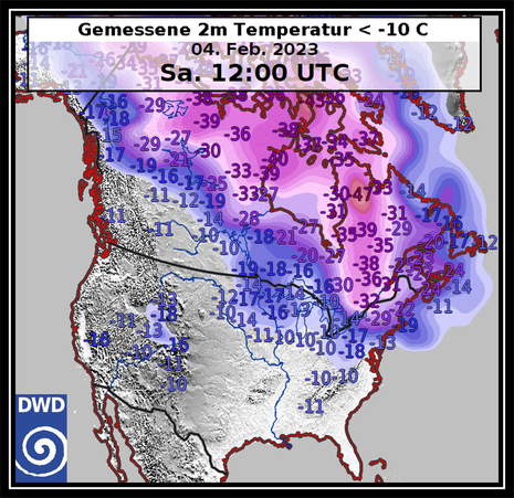 Die gemessenen Temperaturwerte in 2 m Höhe (Quelle DWD)