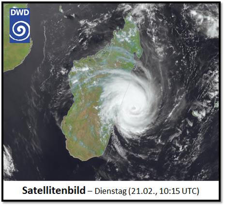 Satellitenbild von Zyklon FREDDY kurz vor Landgang in Madagaskar (Quelle Deutscher Wetterdienst/EUMETSAT)
