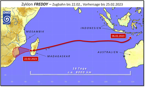 Zugbahn und Vorhersage von Zyklon FREDDY (Quelle Deutscher Wetterdienst)