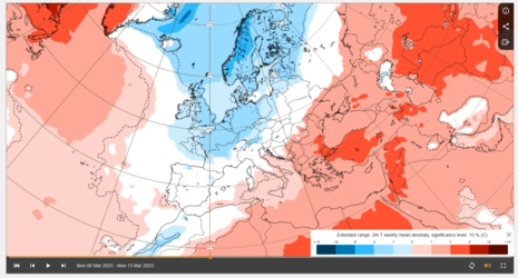 Karte der mittleren wöchentlichen 2m Temperatur-Anomalie, Prognose des EZMWF-ENS für 06.-13.03.23