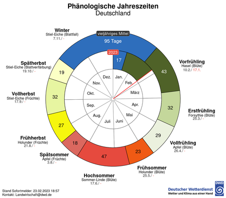 Vergleich der aktuellen phänologischen Jahreszeiten mit dem langjährigen Mittel in Deutschland und den Bundesländern