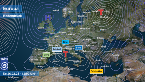 Europakarte mit der aktuellen Luftdruckverteilung vom Sonntag, den 26. Februar 2023 mitsamt eingezeichneten regionalen Windsystemen (Quelle DWD)