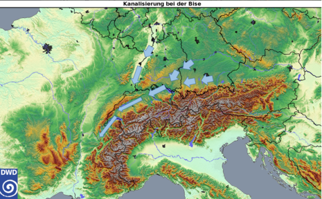 Schematische Darstellung der Luftströmung über Süddeutschland und der Schweiz bei einer Bisenlage mit Nordostwinden (Quelle DWD)