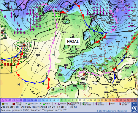 Frontenvorhersage (Dienstag, 28.02.2023, 00 Uhr UTC / 01 Uhr MEZ) (Quelle Deutscher Wetterdienst)