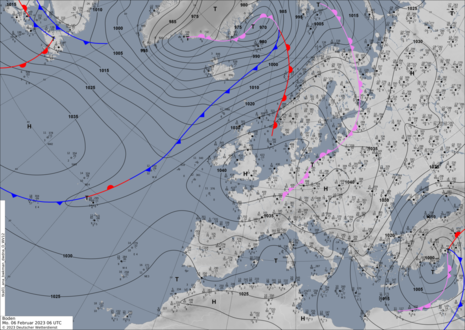 Analysekarte für Europa und den Nordatlantik am Montag, den 06.02.2023 um 06 UTC