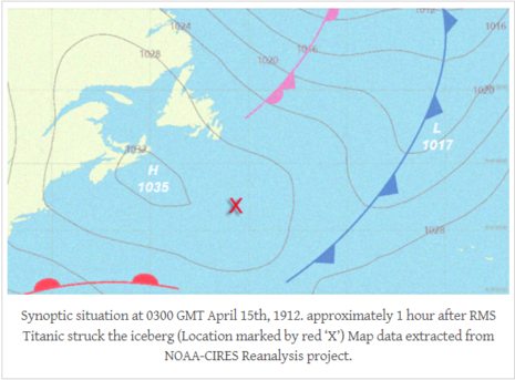 Die Re-Analyse der Wetterlage zum Zeitpunkt des Untergangs der RMS Titanic am 14. April 1912 zeigt ein kräftiges Hoch östlich von Kanada. (Quelle https://irishweatheronline.wordpress.com/climate-of-ireland/historic-weather-events/weather-conditons-during-