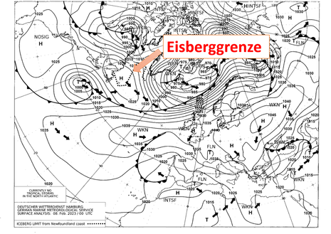 Bodenanalyse Nordatlantik vom 08.02.2023 00 UTC mit Verlagerungsrichtung der Druckgebilde und Eisberggrenze im Bereich Neufundland herausgegeben vom Seewetteramt in Hamburg.