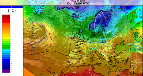 Frontenanalyse mit Temperaturen und Satellitenbild Donnerstag 09.03.2023 um 13:00 Uhr (Quelle DWD)